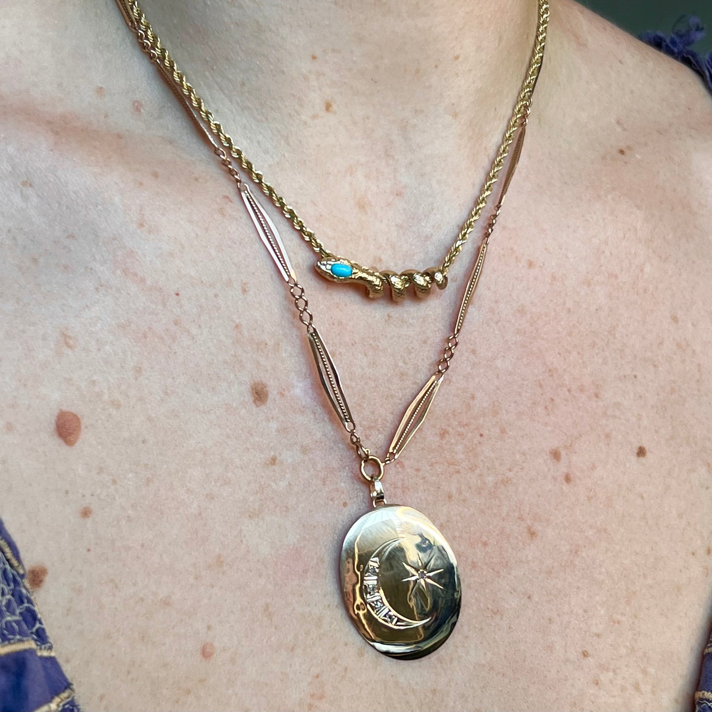 Antique Upcycled Diamond Moon and Star Disc Pendant