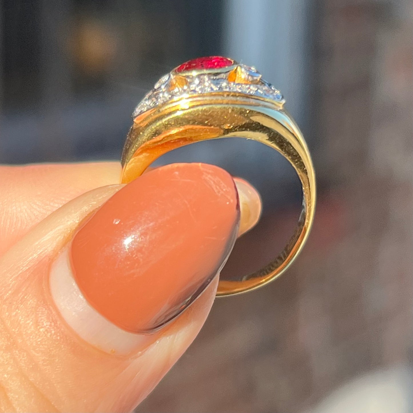 Vintage 18k Ruby and Diamond Cluster RIng