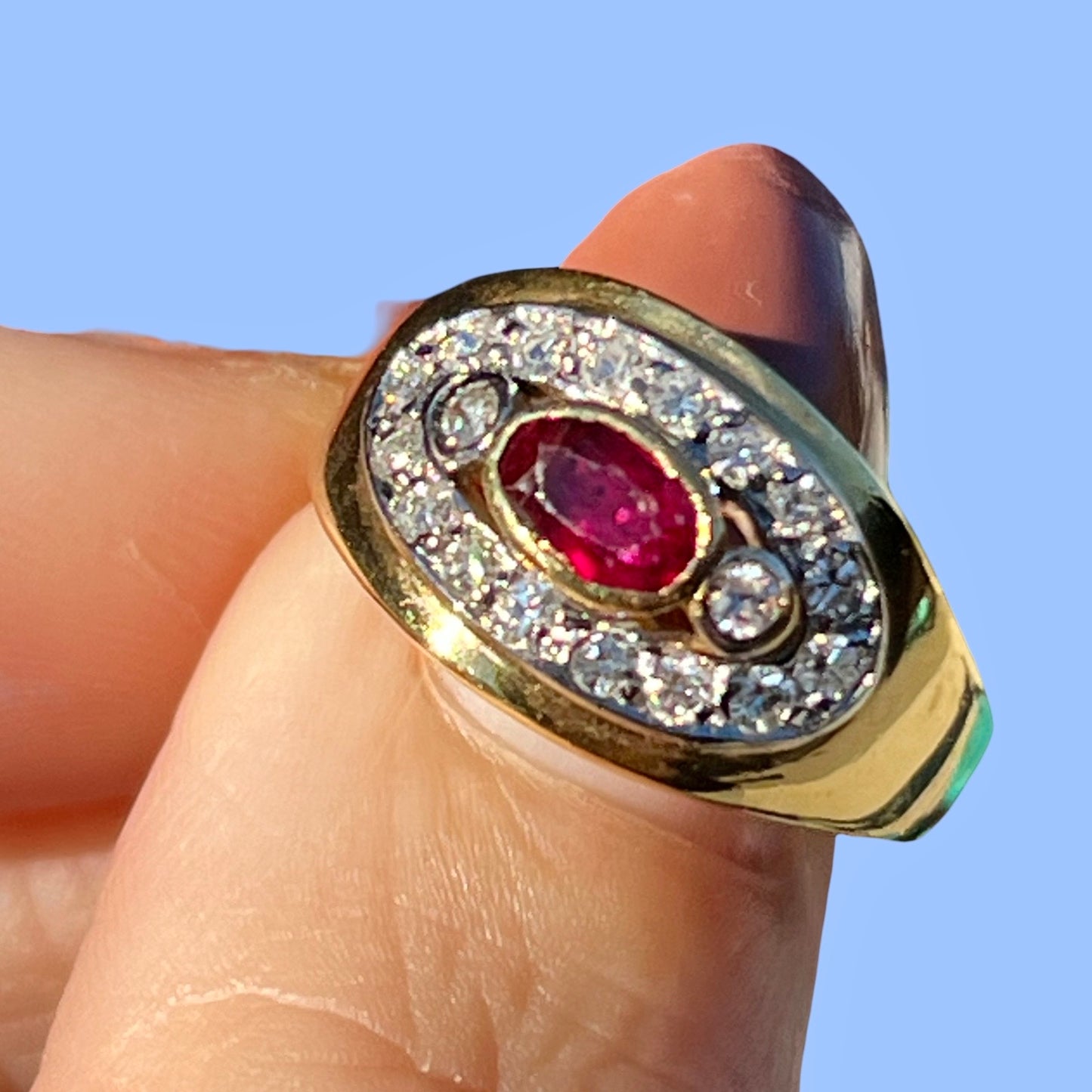 Vintage 18k Ruby and Diamond Cluster RIng