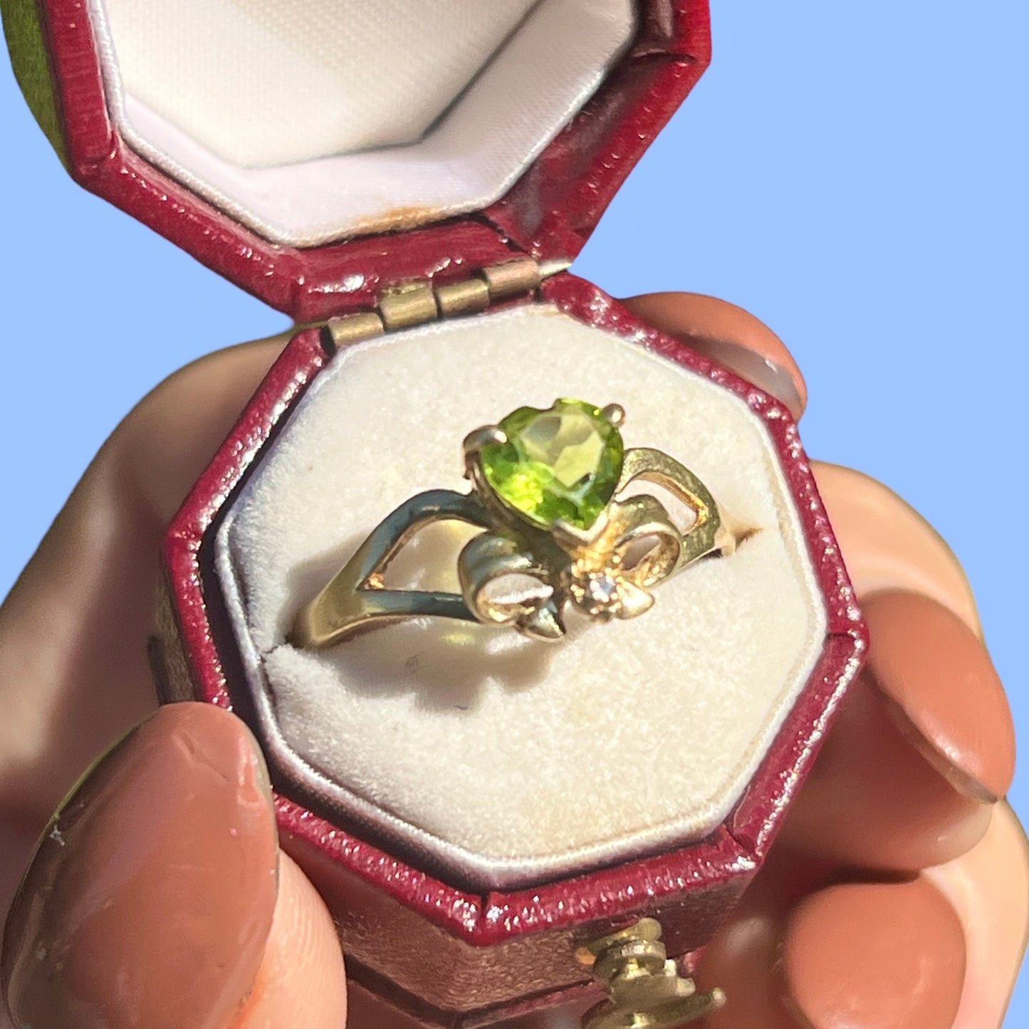 Vintage 14k Peridot Heart with Wee Diamond Bow Ring