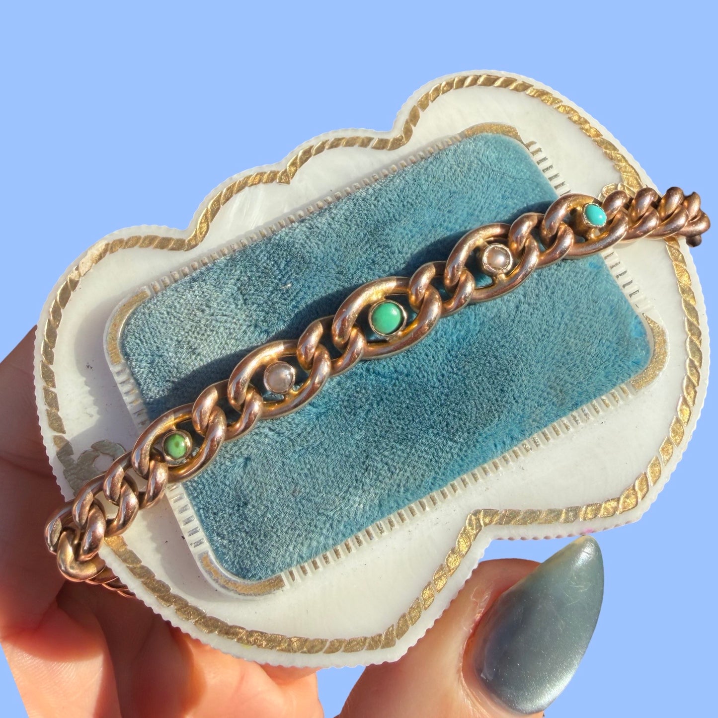Antique 9k Turquoise and Pearl Bracelet