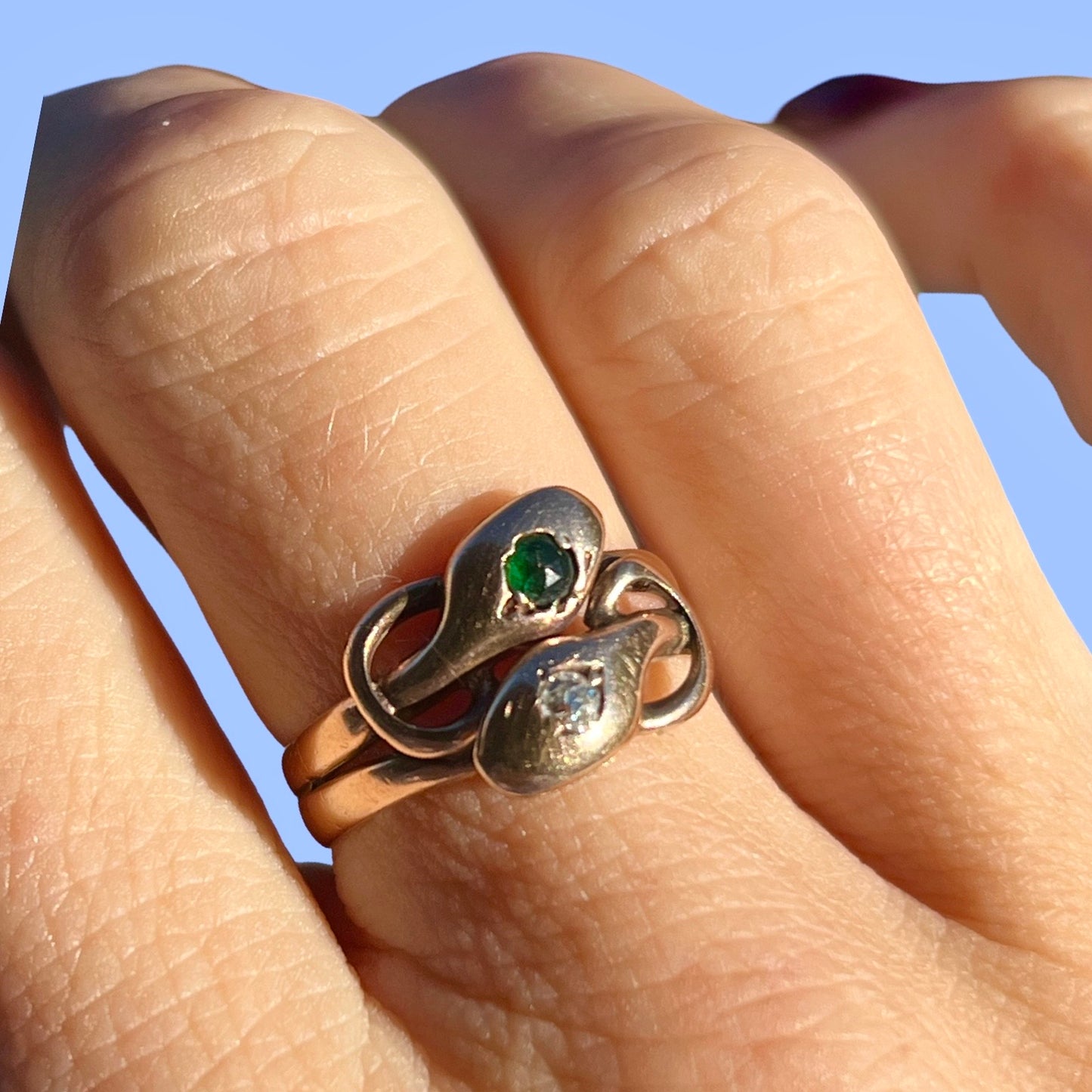 Antique 10k Diamond and Emerald Snake Ring