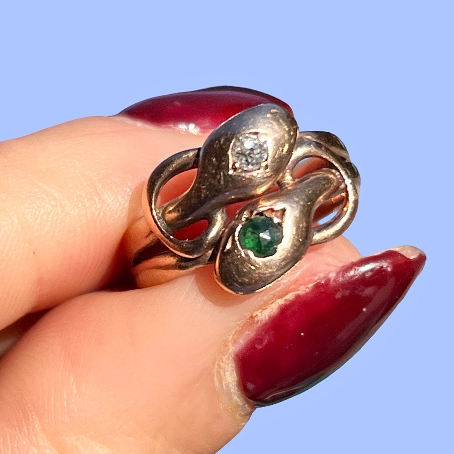 Antique 10k Diamond and Emerald Snake Ring