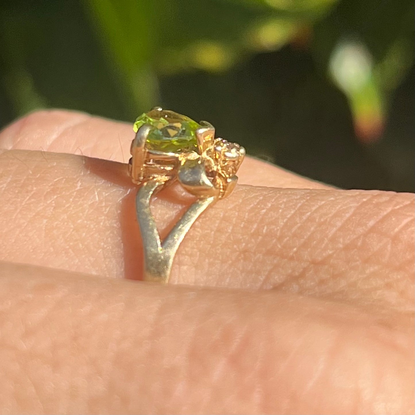 Vintage 14k Peridot Heart with Wee Diamond Bow Ring