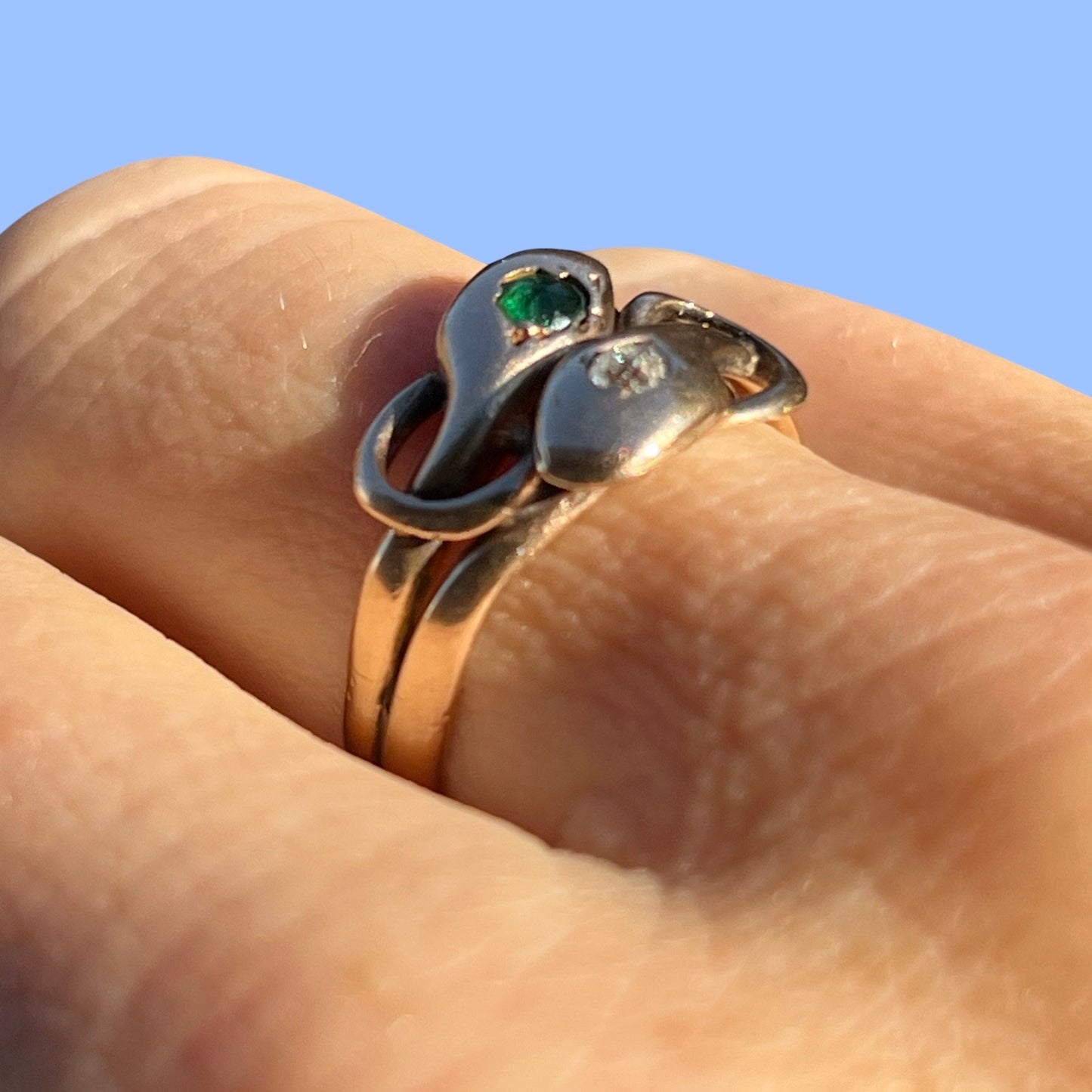 Antique 10k Diamond and Emerald Snake Ring