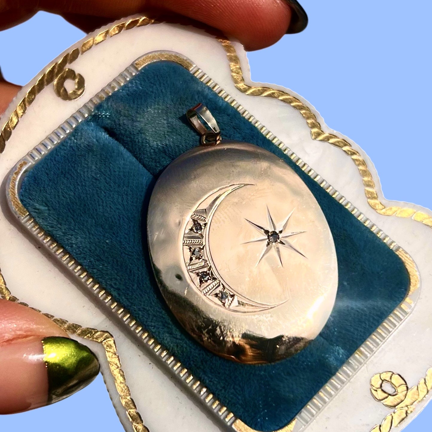 Antique Upcycled Diamond Moon and Star Disc Pendant