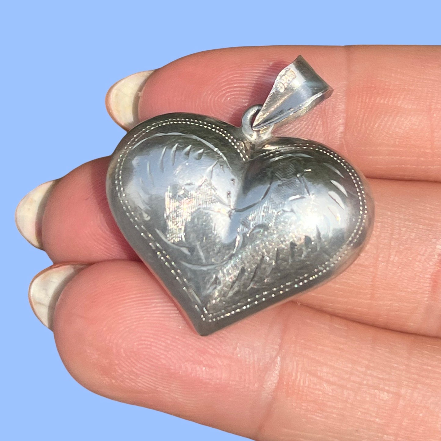 Vintage Etched Sterling Silver Heart Pendant