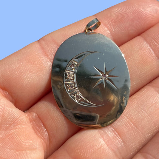 Antique Upcycled Diamond Moon and Star Disc Pendant