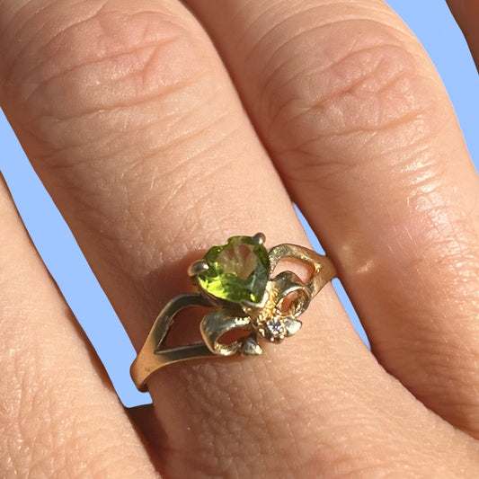 Vintage 14k Peridot Heart with Wee Diamond Bow Ring
