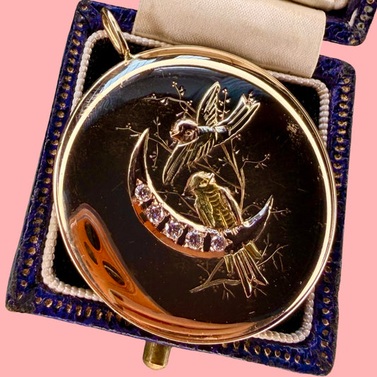 Upcycled 14k Antique Crescent Moon and Birds Disc Pendant