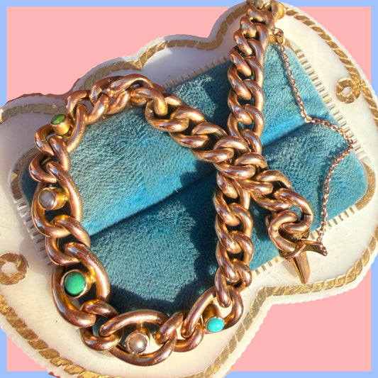 Antique 9k Turquoise and Pearl Bracelet