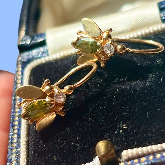Vintage 18k Diamond and Peridot Fly Earrings