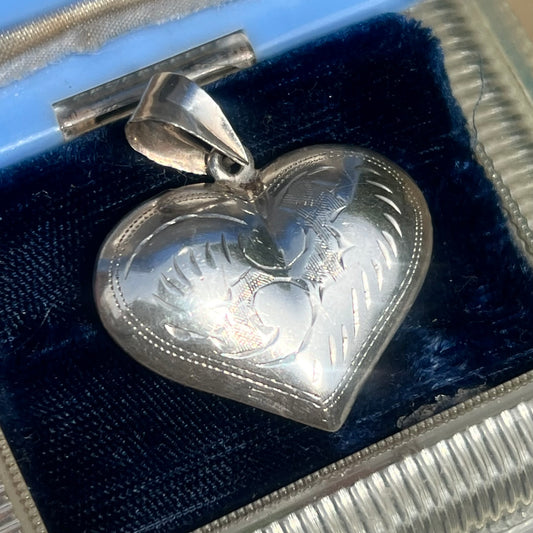 Vintage Etched Sterling Silver Heart Pendant