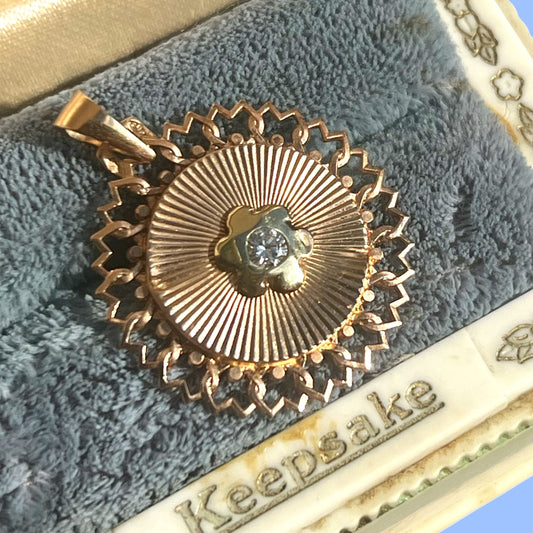 Vintage 14k Diamond Engine Turned Pendant
