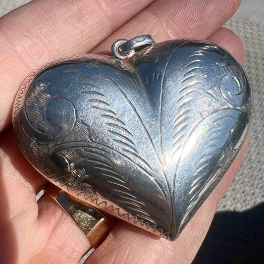 Vintage Sterling Silver Etched Over Sized Heart Pendant