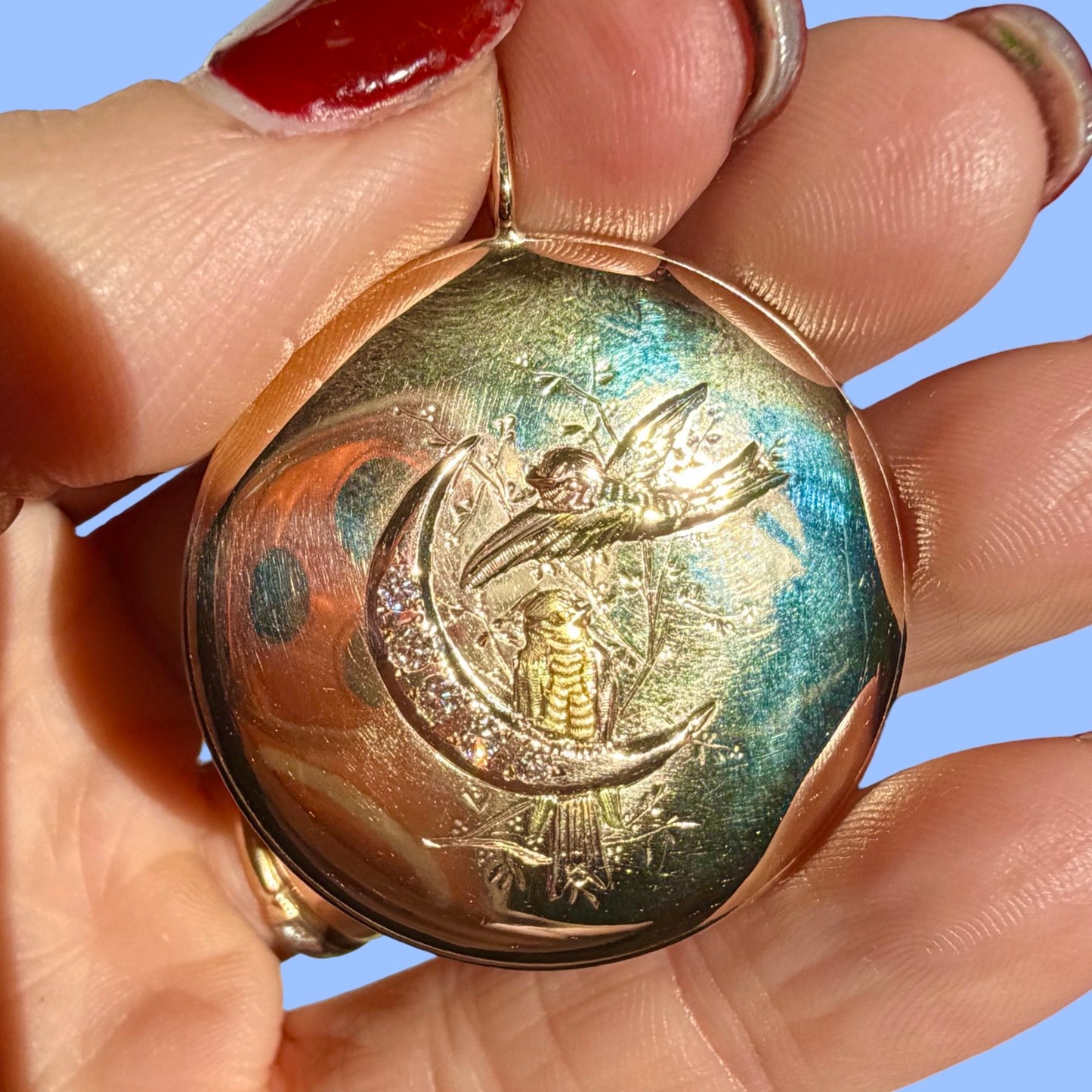 Upcycled 14k Antique Crescent Moon and Birds Disc Pendant