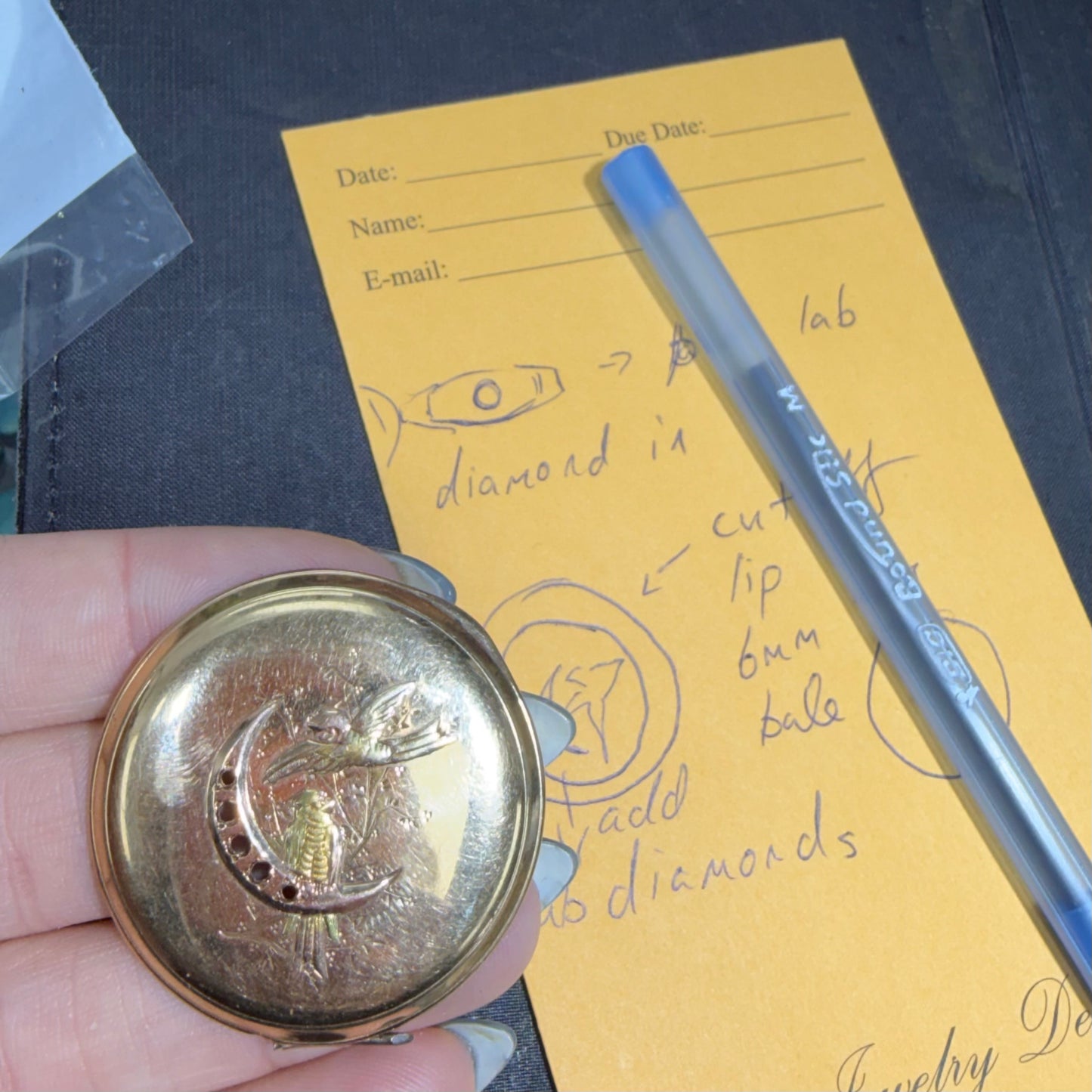 Upcycled 14k Antique Crescent Moon and Birds Disc Pendant