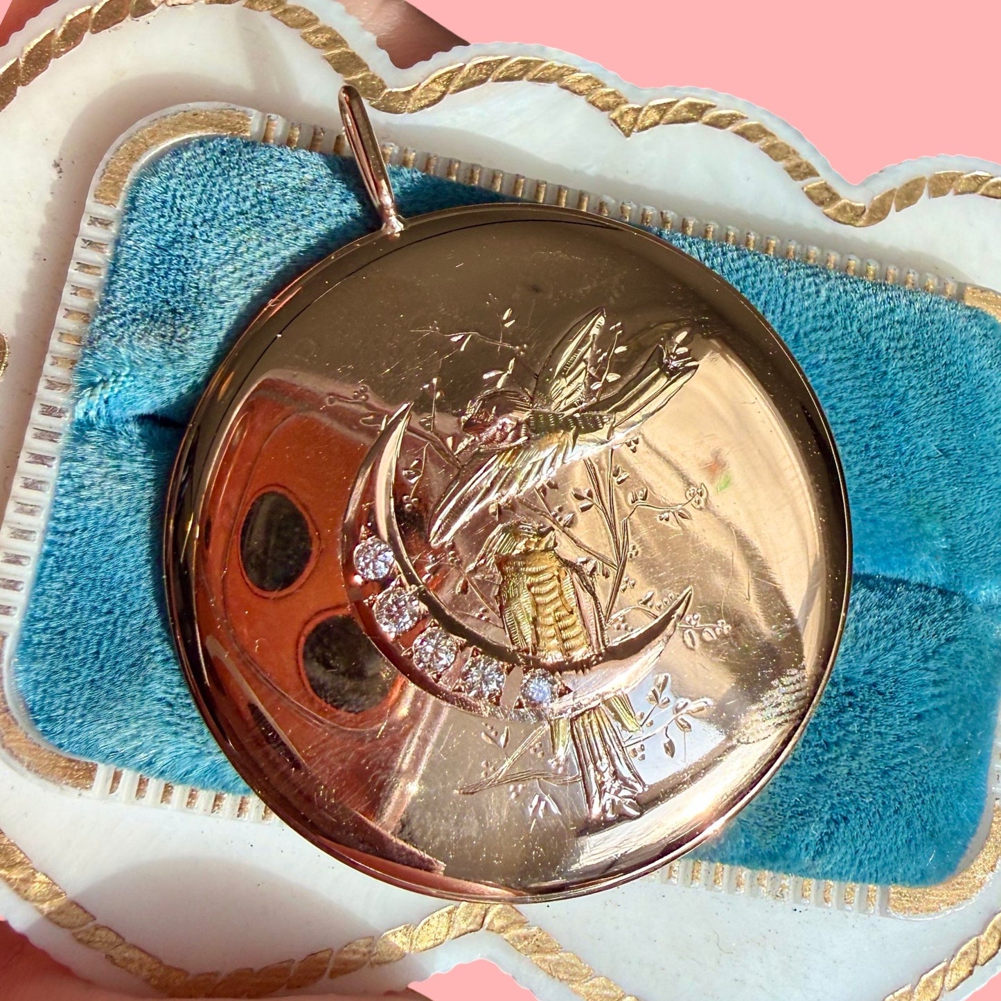 Upcycled 14k Antique Crescent Moon and Birds Disc Pendant